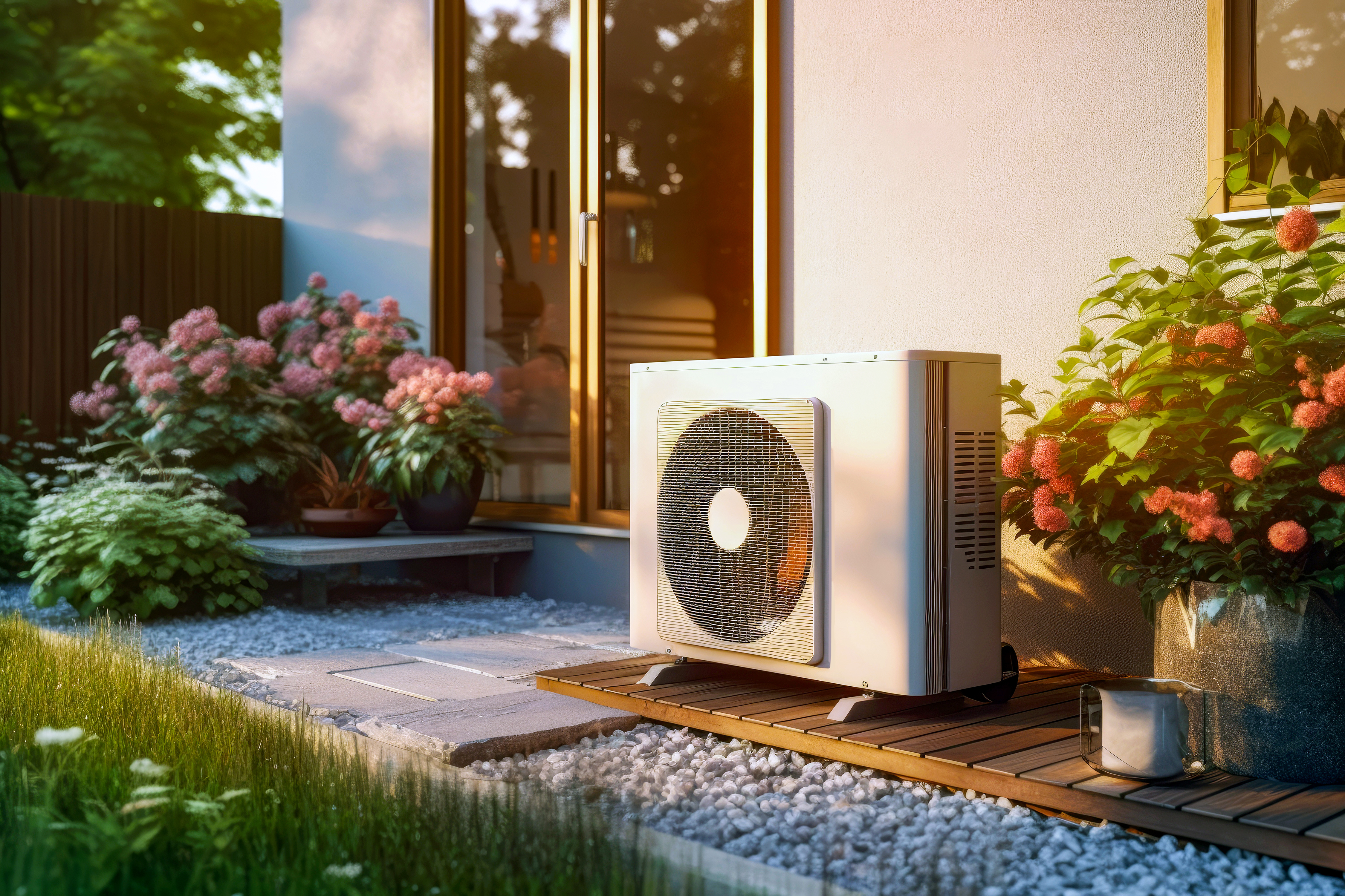 Außen aufgestellte Klimaanlage neben Hausfassade im Garten, energieeffiziente Wärmepumpe für Kühlung und Heizung im modernen Wohnbereich