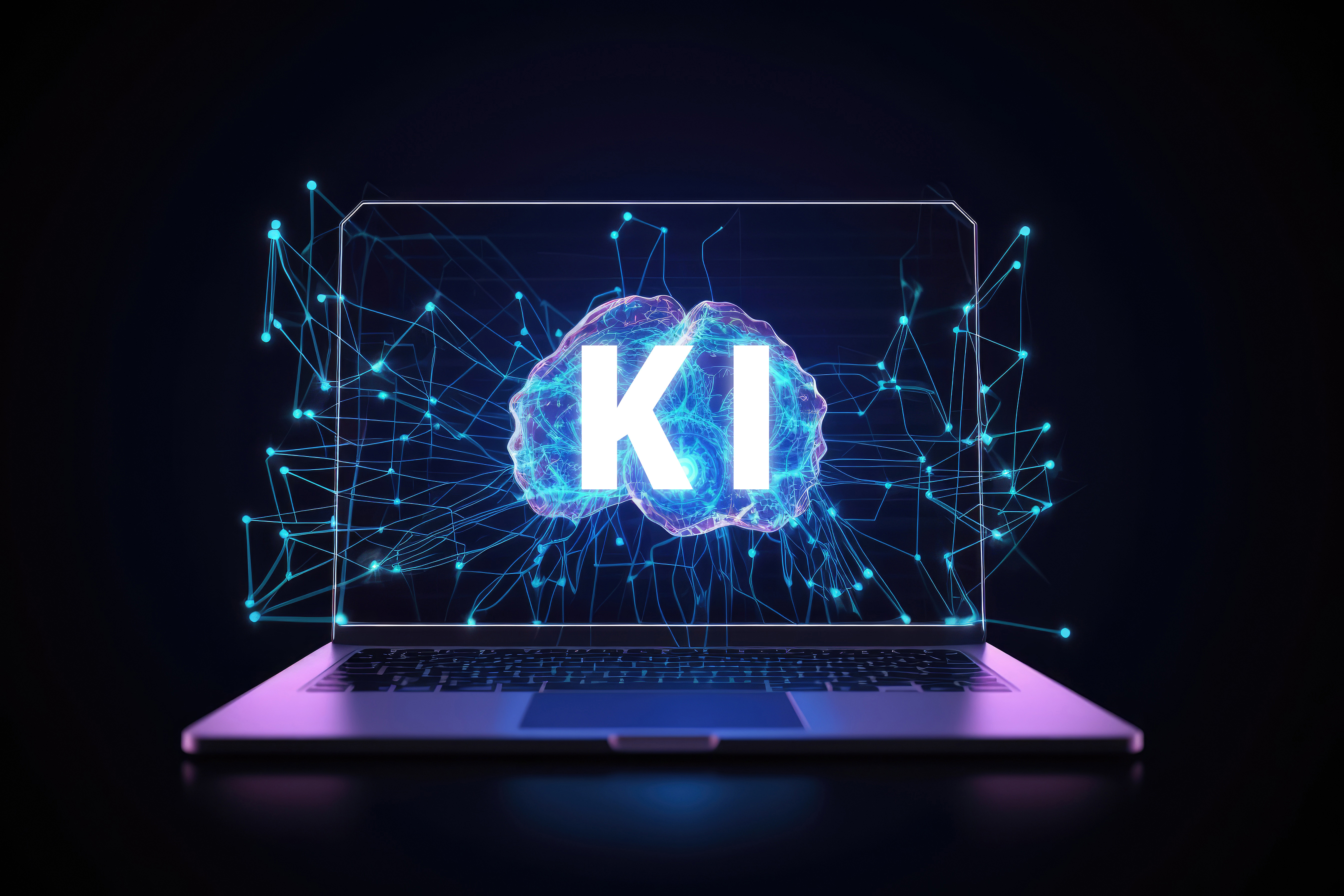 Laptop mit leuchtendem KI Symbol und digitalem Netzwerk, künstliche Intelligenz und moderne Technologie für digitale Innovation und Automatisierung