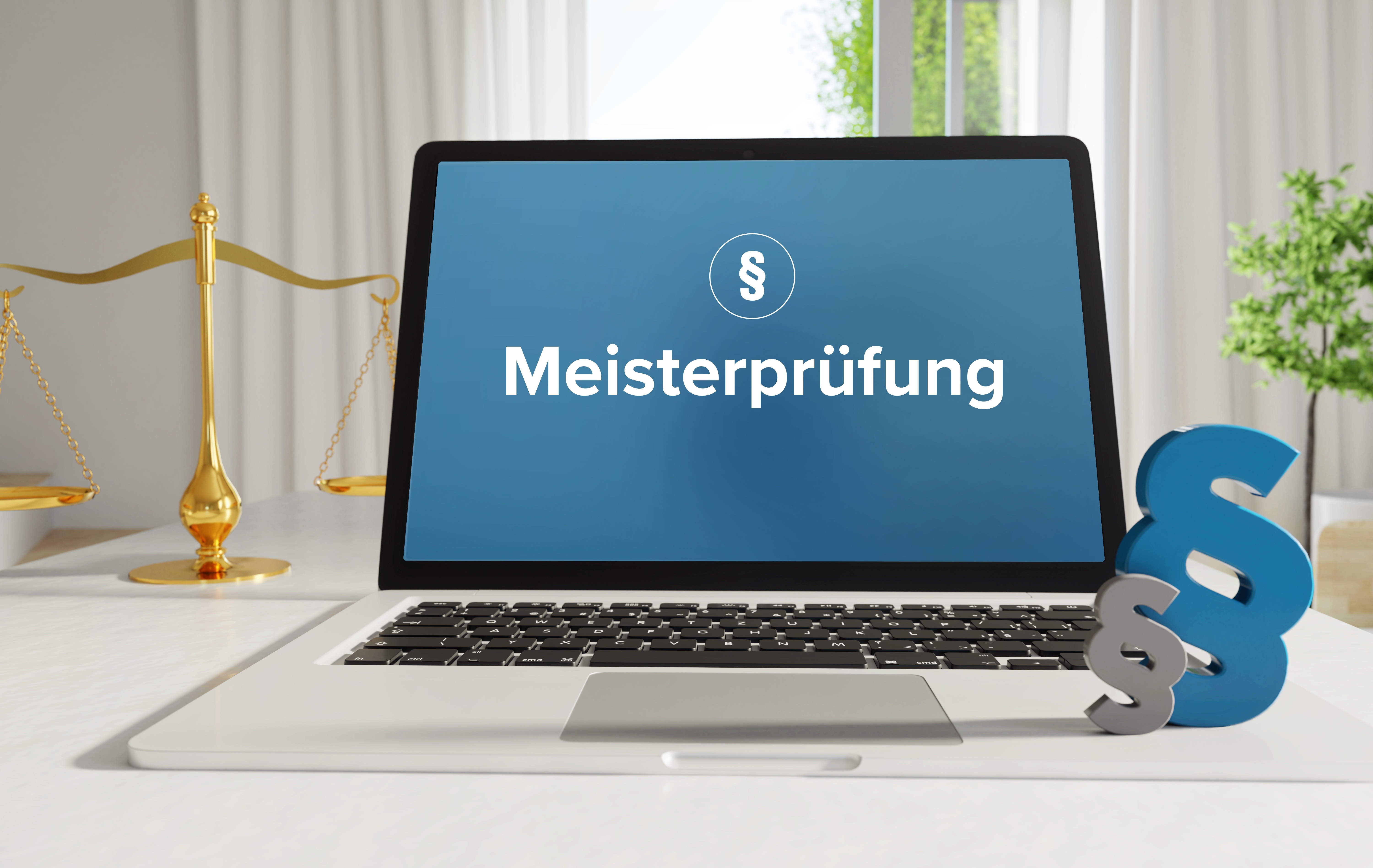 Laptop mit Schriftzug „Meisterprüfung“, Symbol für berufliche Weiterbildung, Qualifikation und Vorbereitung auf die Meisterschule im Handwerk