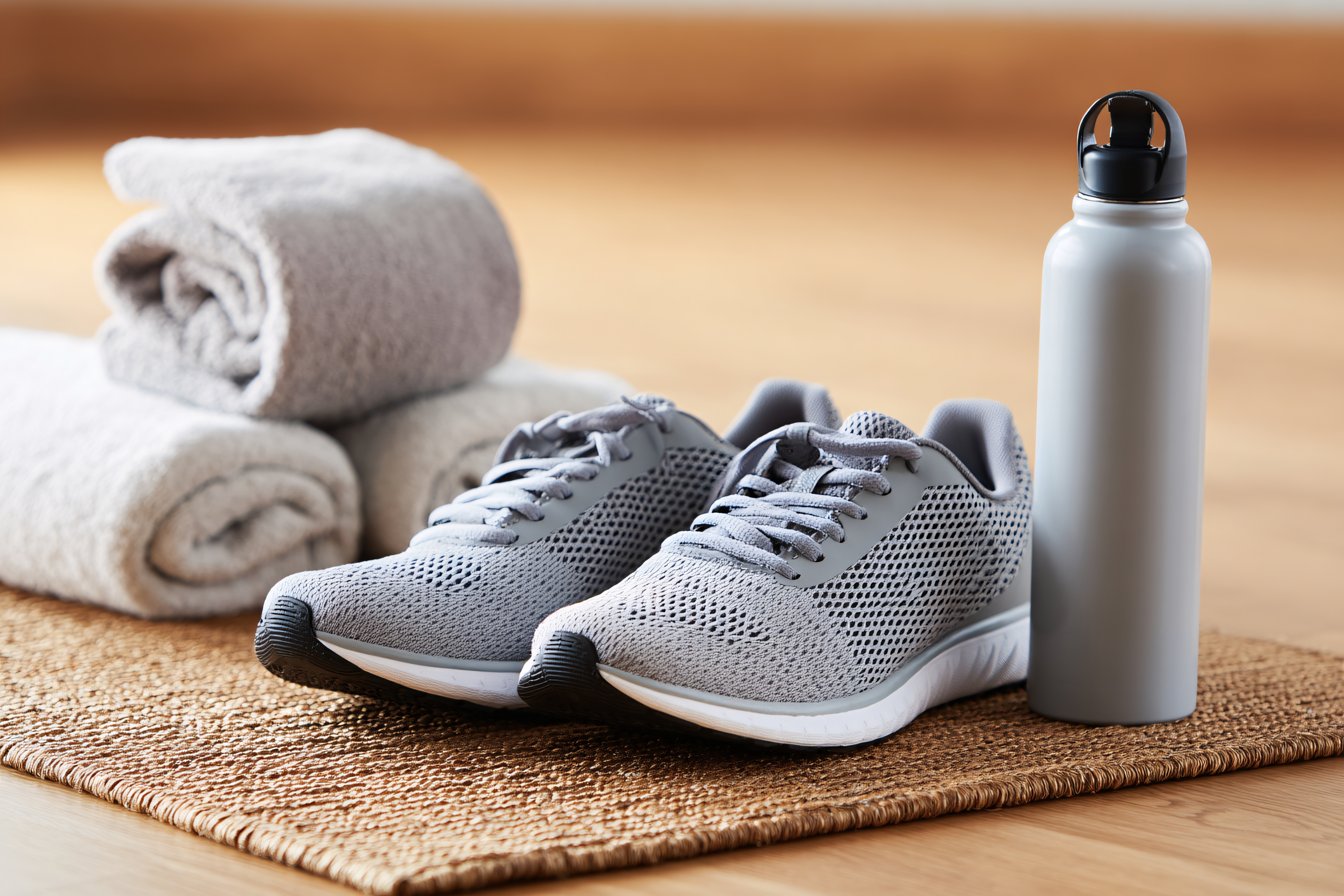 Sportschuhe, Handtücher und Trinkflasche für Fitness und Training, Ausstattung für Sport, Bewegung und gesunden Lebensstil