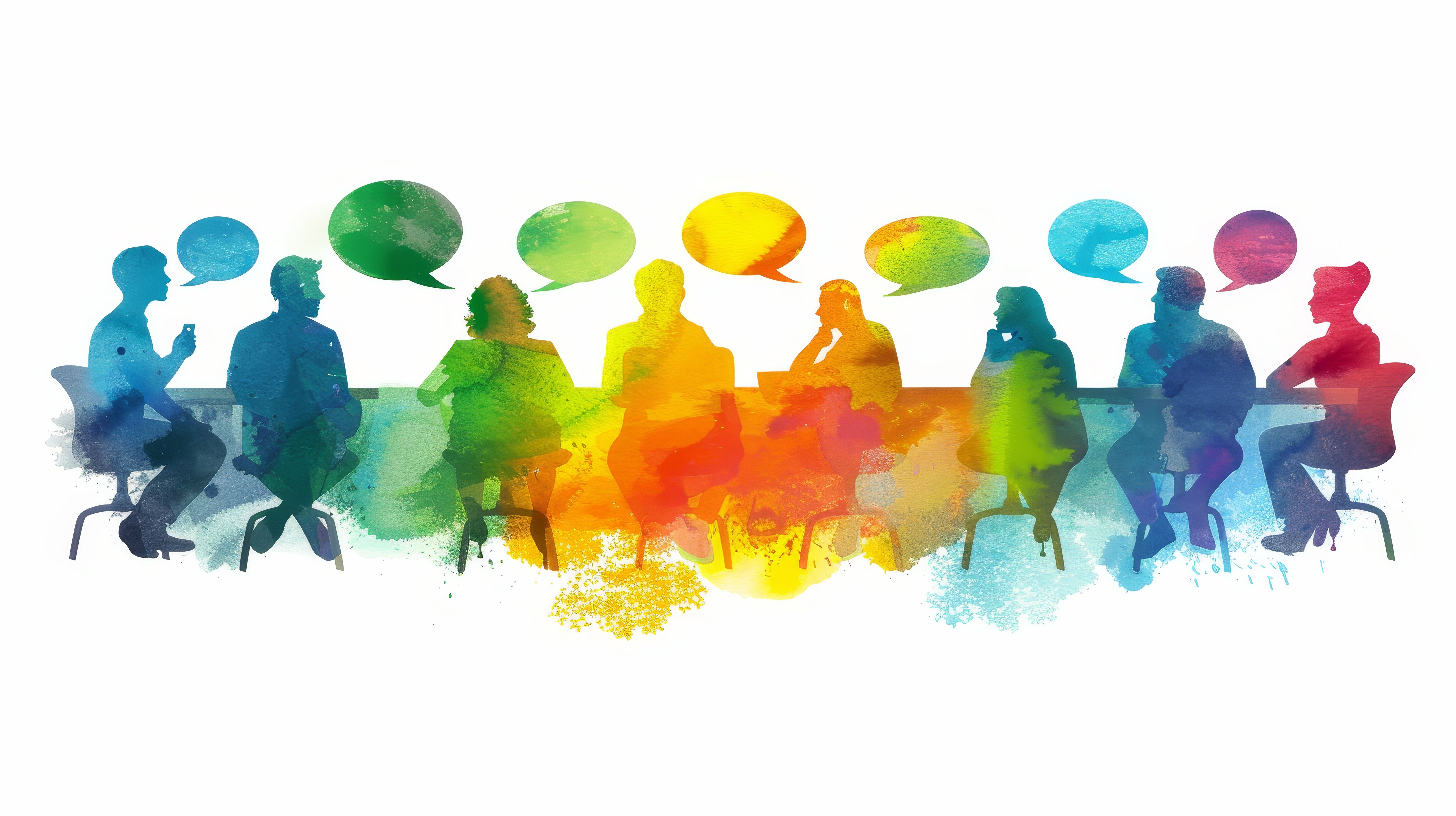Bunte Silhouetten von Menschen im Gespräch mit Sprechblasen, Symbol für Austausch, Kommunikation, Vielfalt und gemeinsame Diskussion in Gruppen